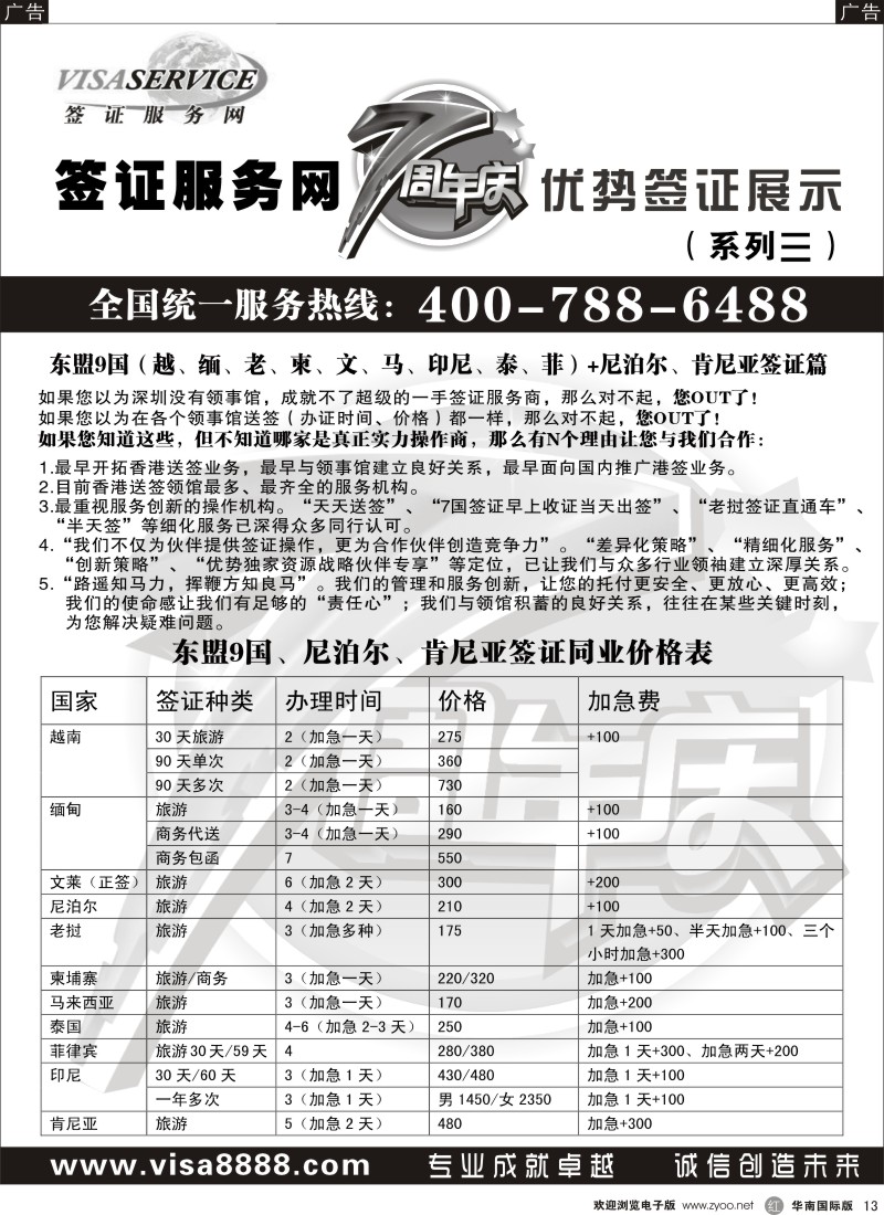 r黑013  签证服务网7周年优势签证展示（东盟9国、尼泊尔、肯尼亚）