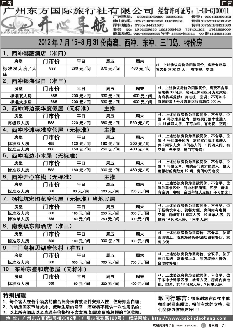 r071  8月开心导航南澳、西冲、东冲、三门岛、特价房1期价格
