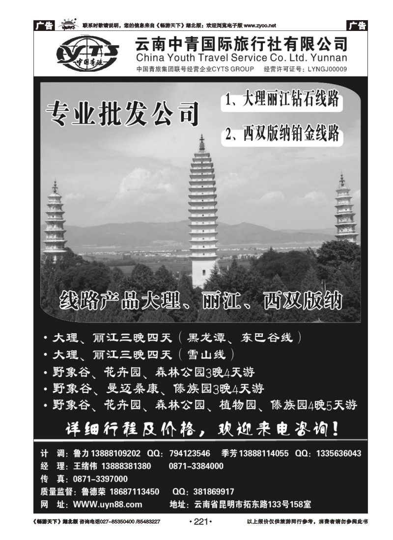 221云南中青国际旅行社—昆大丽专线
