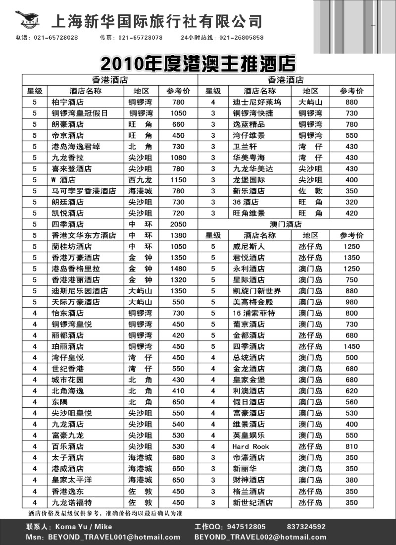 d42 上海新华旅游社港澳订房中心