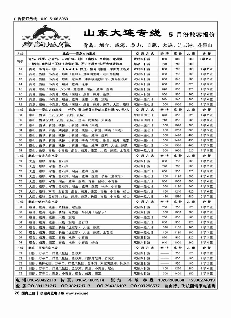 鲁韵风情·青岛、大连、泰山、日照  同业专线（第一）(与澎渤假期对开)