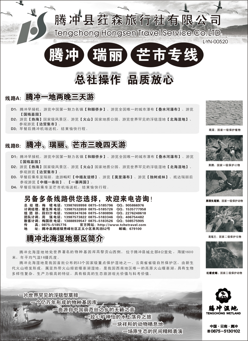 云南腾冲荭森旅行社有限公司（山西、青岛、东北、河北、天津、北京、无锡、浙江、重庆、上海、内蒙）