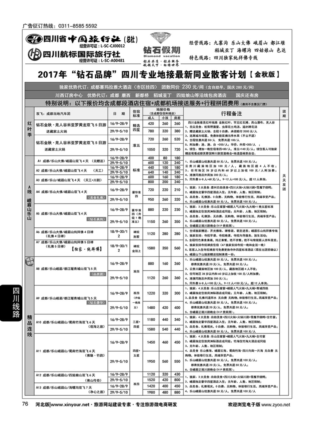 76 四川省中国旅行社（总社）四川地接·钻石假期·九寨黄龙稻城亚丁专线 