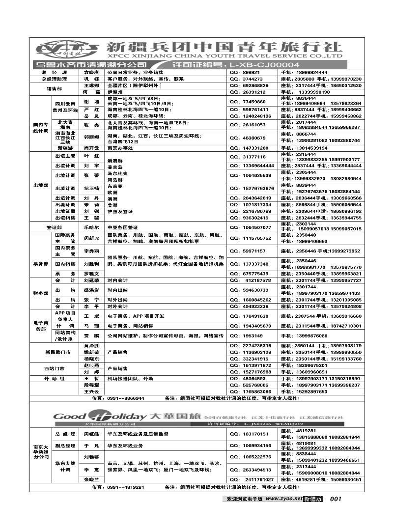 新疆兵团中国青旅清满溢分公司-通讯录1