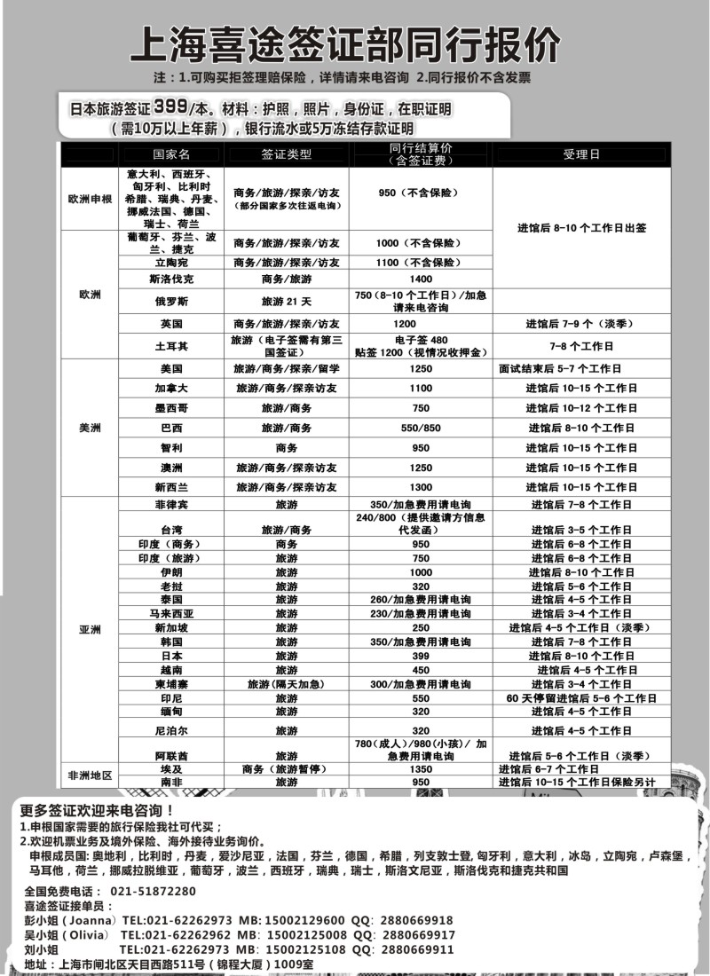 b50上海喜途旅游签证部同行报价