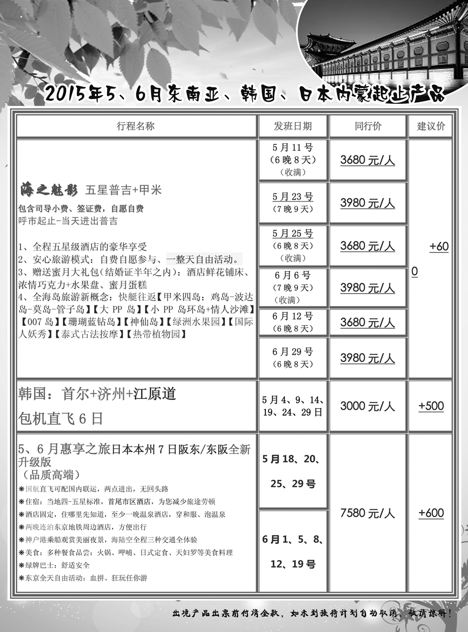 2015年5、6月东南亚、韩国、日本内蒙起止产品