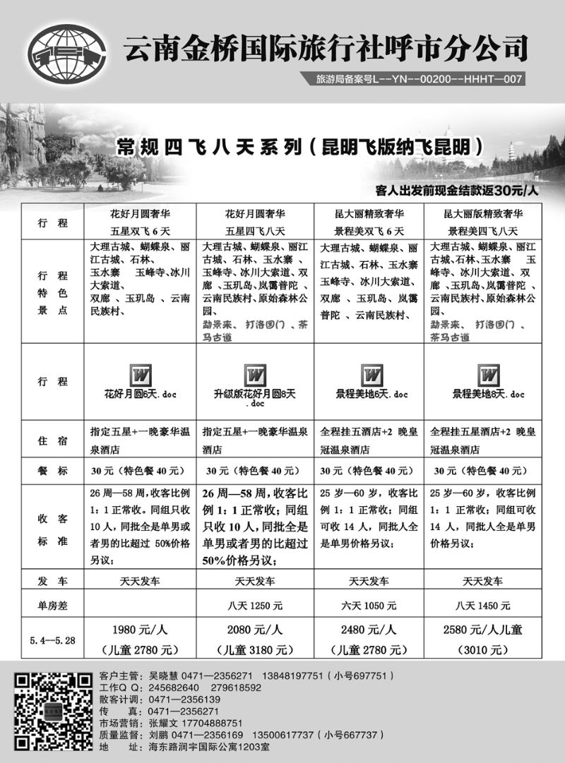 云南金桥国际旅行社呼市分公司·精品线路2