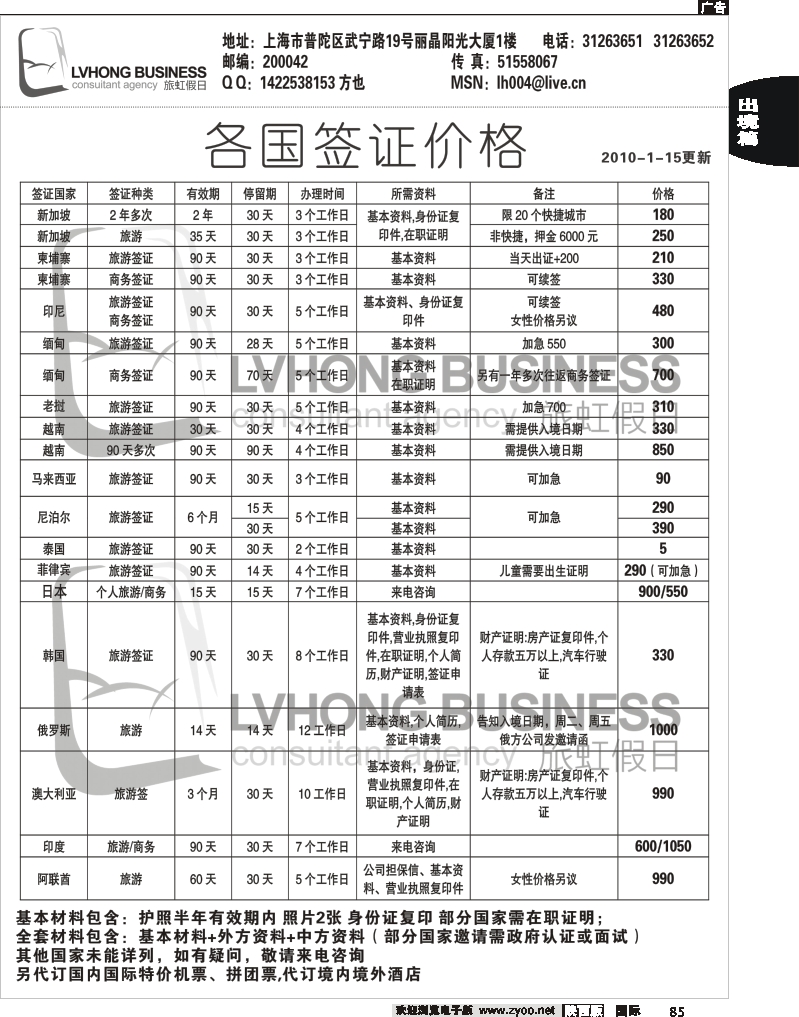 旅虹假各国签证价格