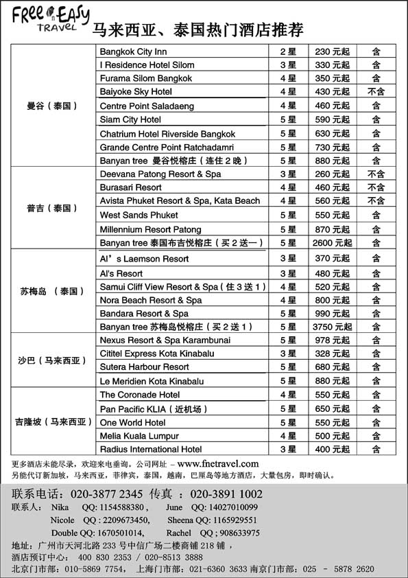 BP64 FNE--TAVEL 马来西亚,泰国热门酒店