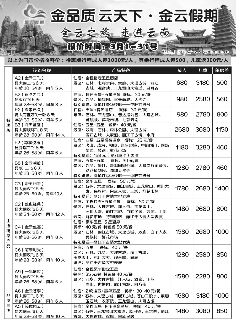 s18金云假期--云南专线