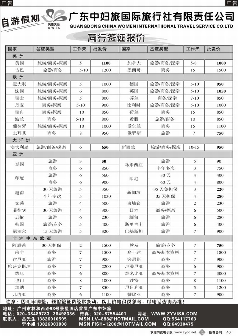 b047 广东中妇旅自游假期全球特价签证