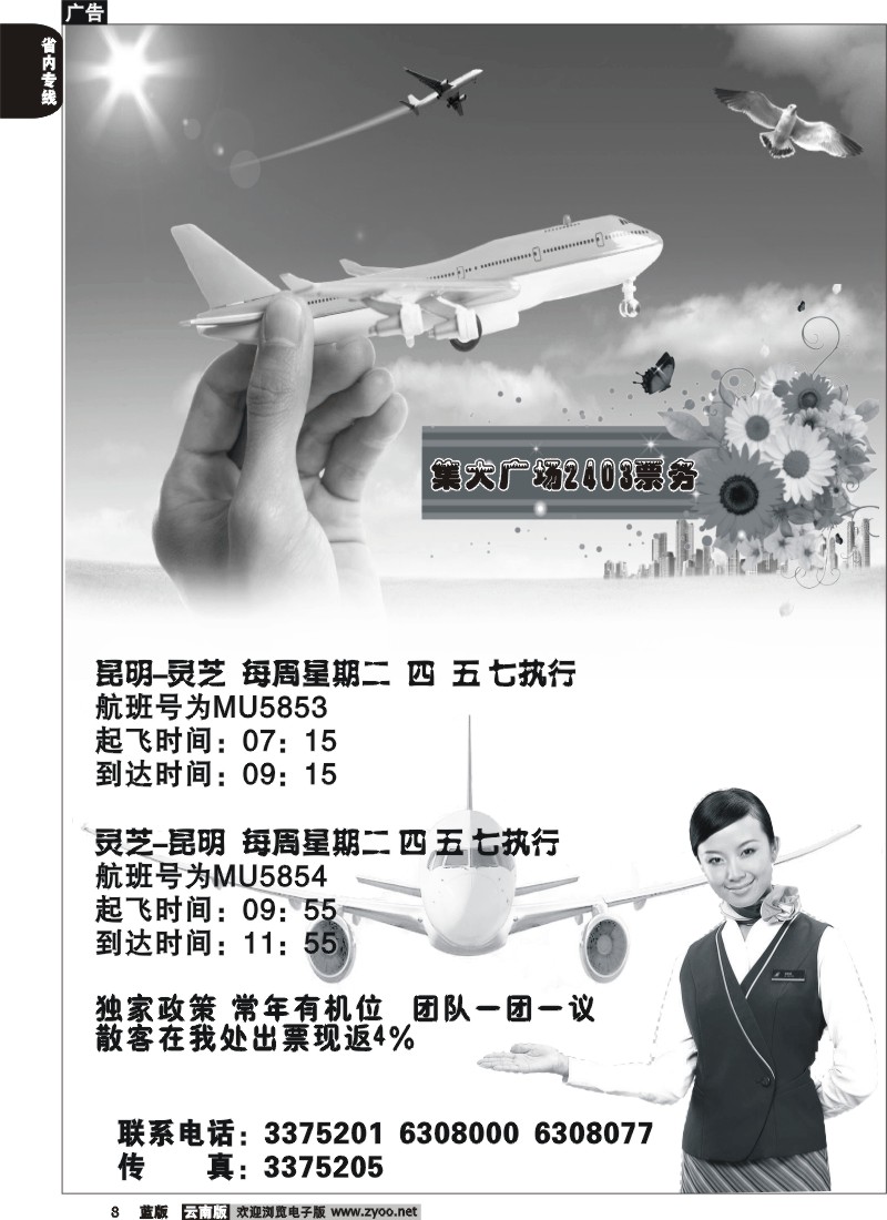 省内008  昆明—灵芝 往返机票