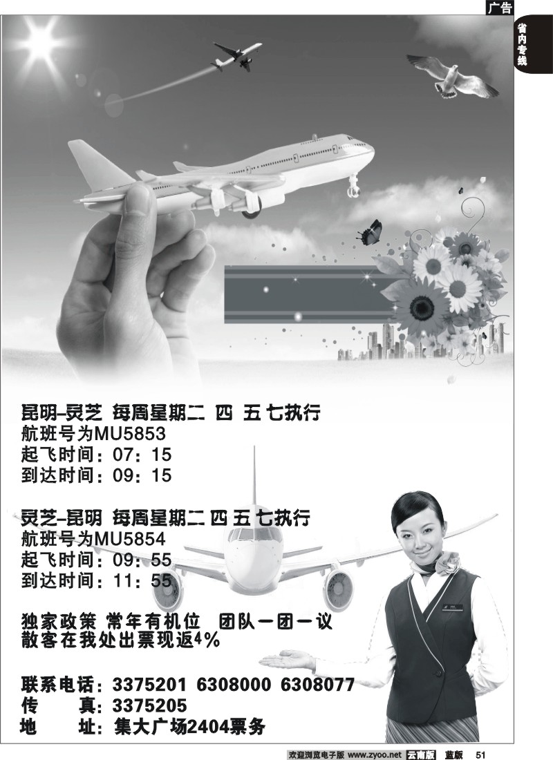 省内051  昆明—灵芝 往返机票
