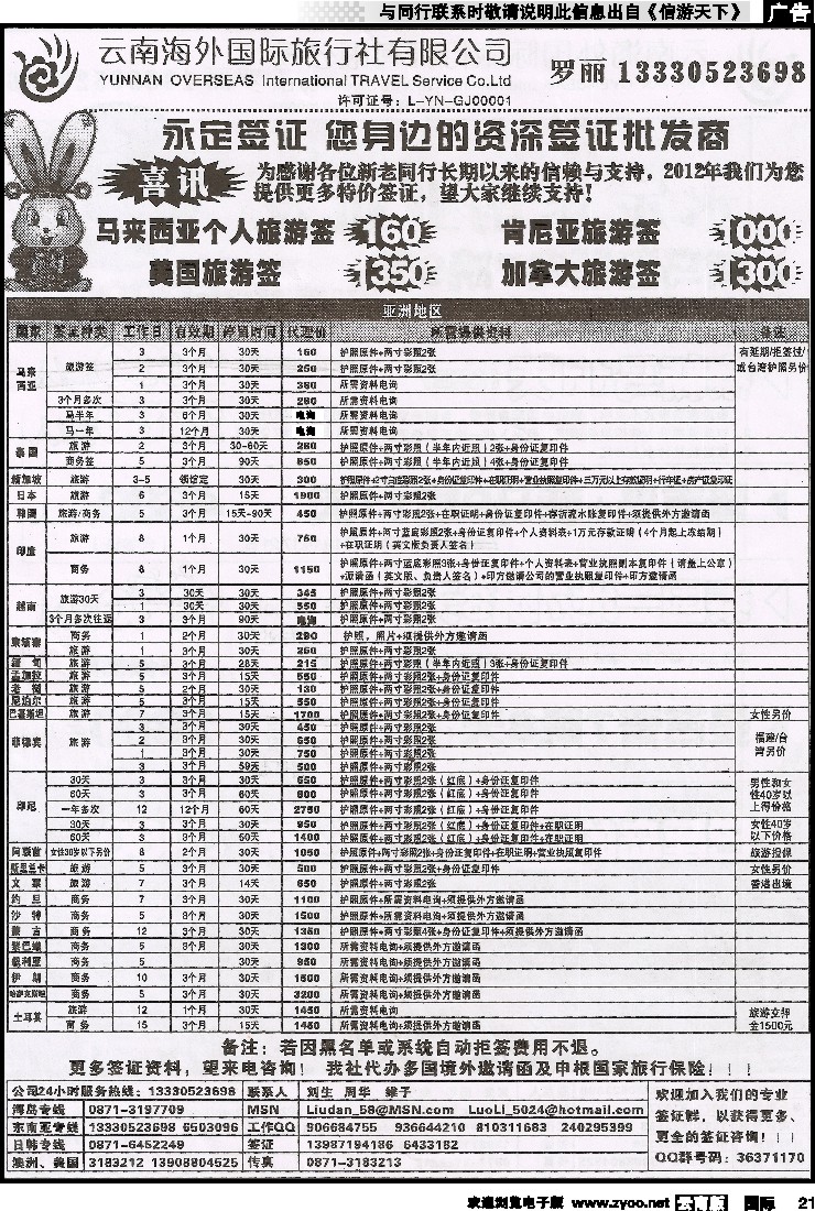 国际021 云南海外-永定签证2