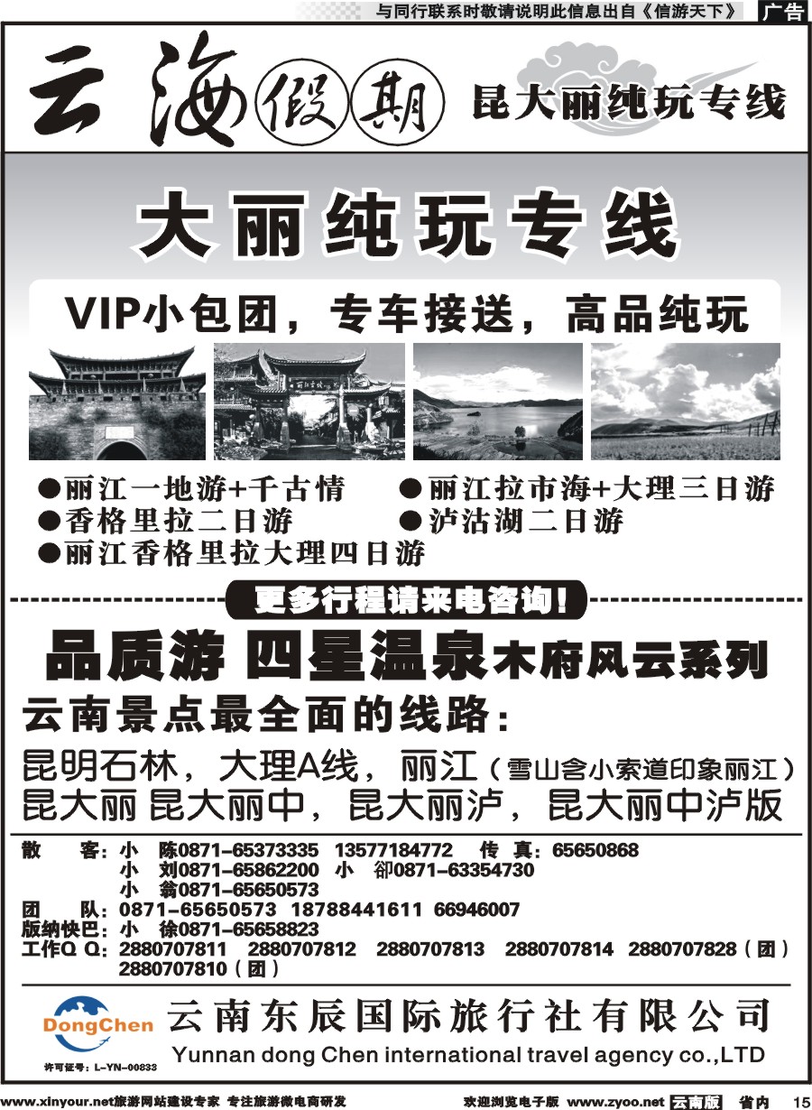 省内015 云海假期（云南东辰国旅）大、丽专线2 