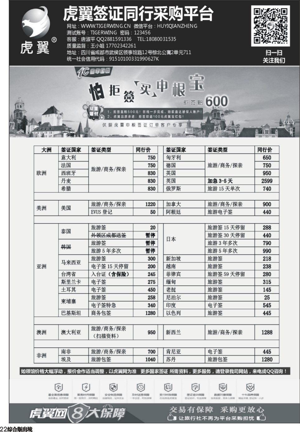 H022  虎翼签证同业采购平台特价 四川.