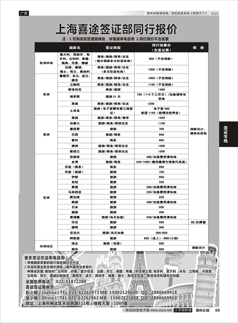9 上海喜途旅游签证部同行报价  签证专线