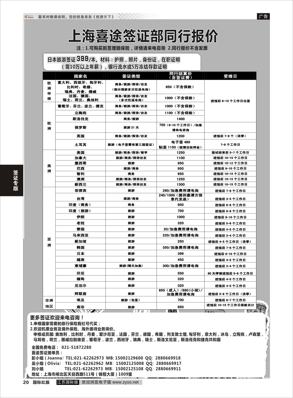 20 上海喜途旅游签证部同行报价  签证专版