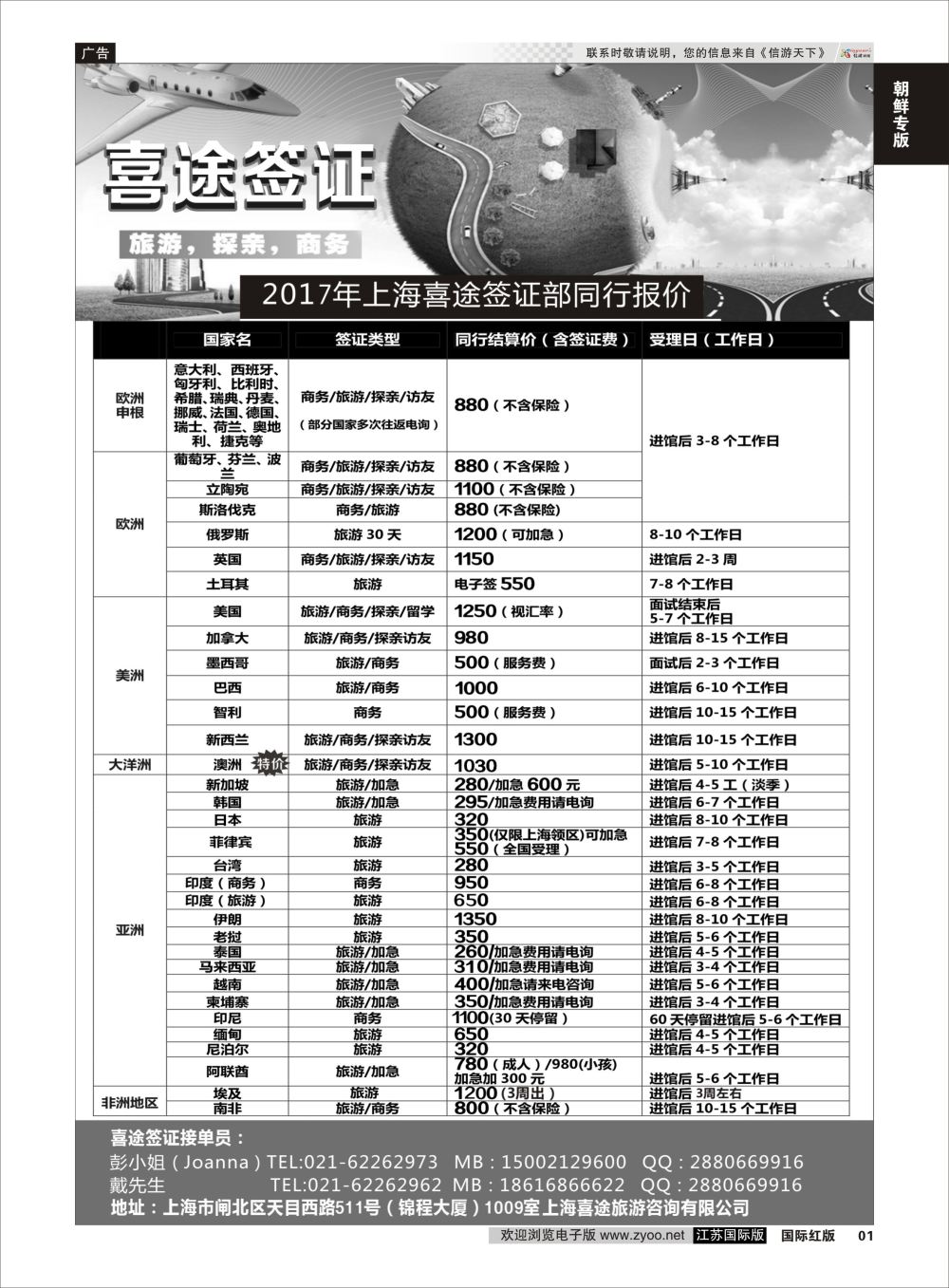 P1 上海喜途旅游签证部同行报价  签证