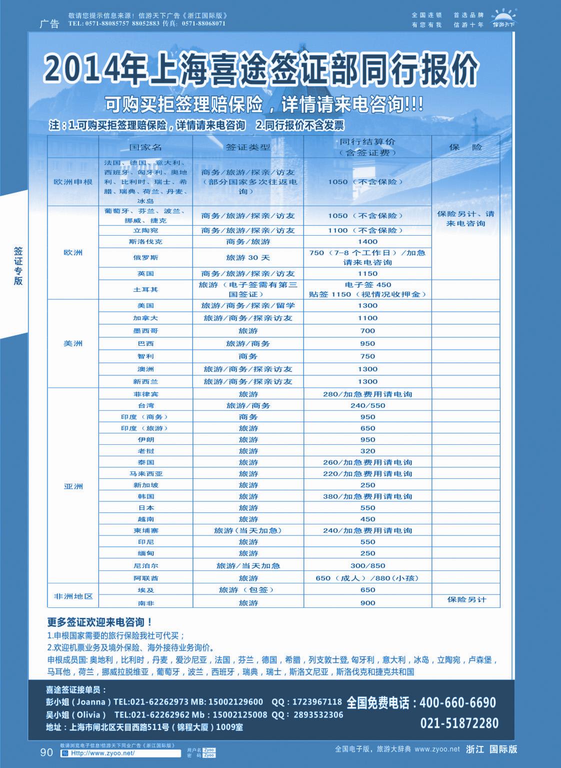 90 上海喜途旅游签证部同行报价