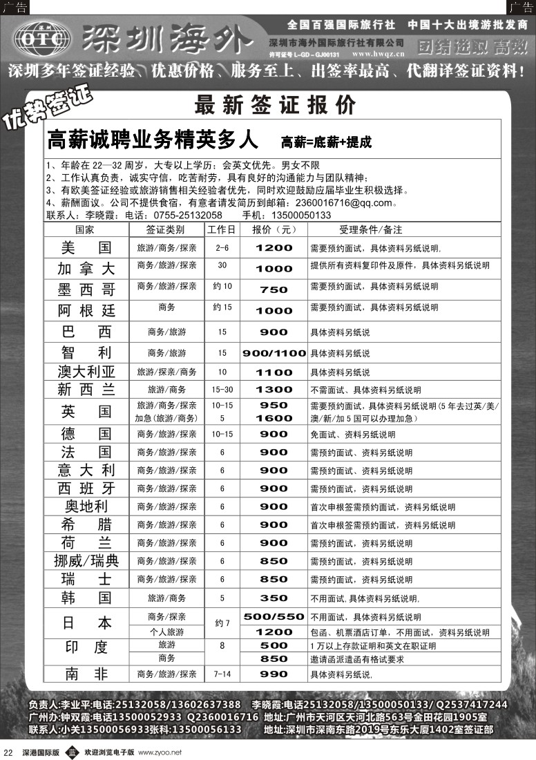 b黑022  深圳海外国旅签证部