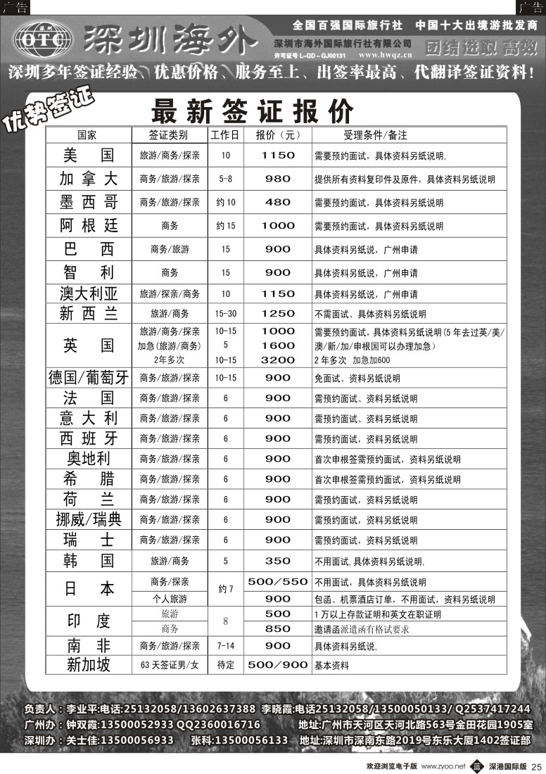 b黑025  深圳海外国旅签证部