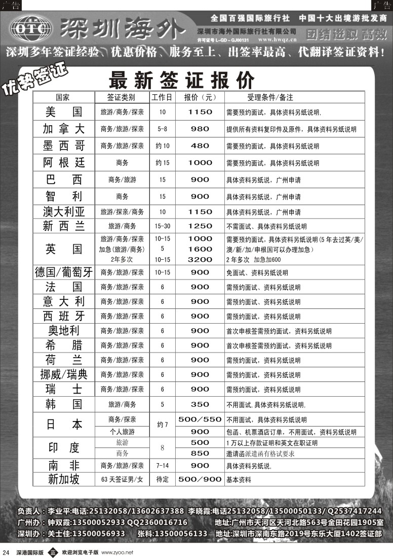 b黑024  深圳海外国旅签证部 