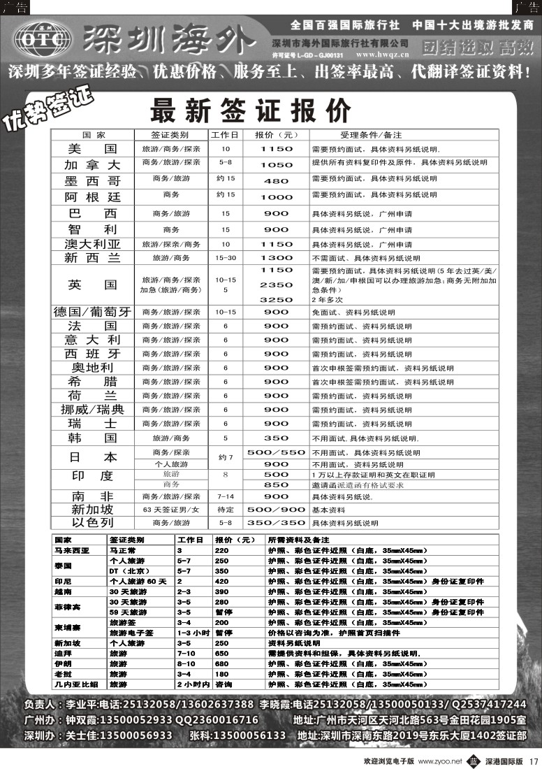 b黑017  深圳海外国旅签证部 