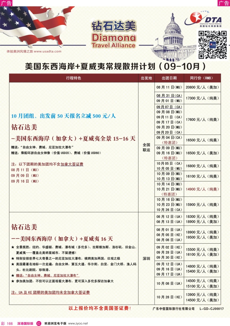 r彩166  DTA钻石达美—美国东西海岸+夏威夷常规散拼计划