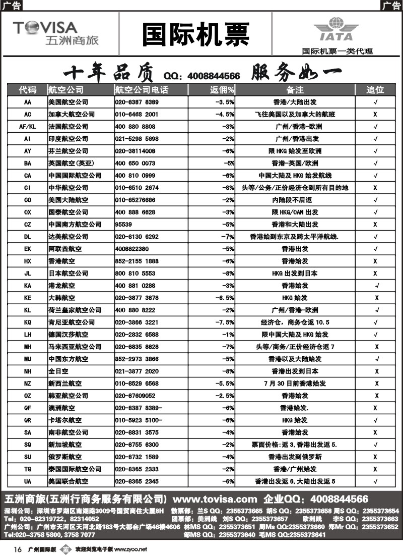 b016 五洲商旅国际机票政策