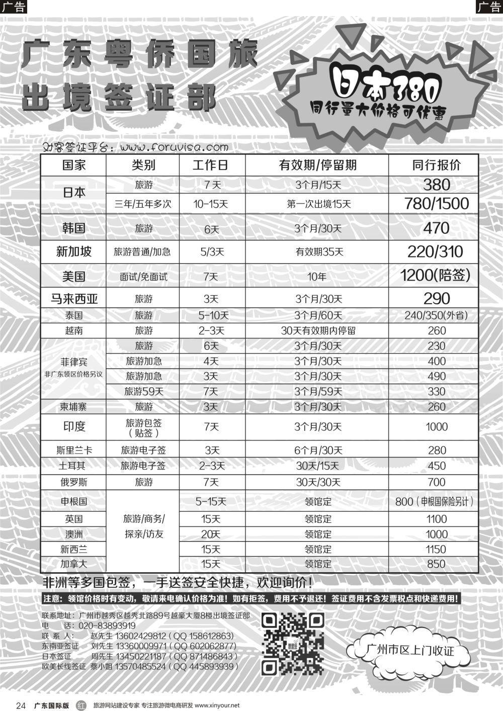 r024 粤侨国旅出境签证部同行报价