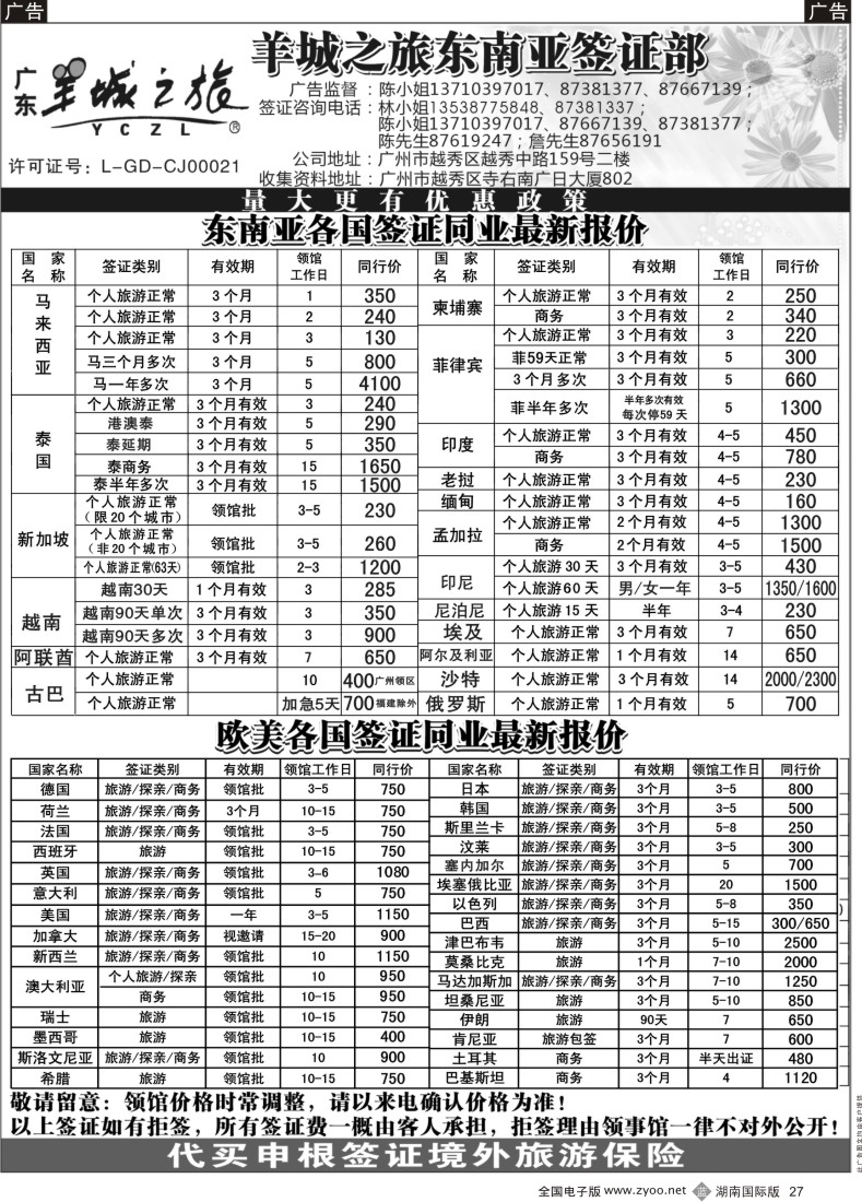 B027 羊城之旅东南亚签证部