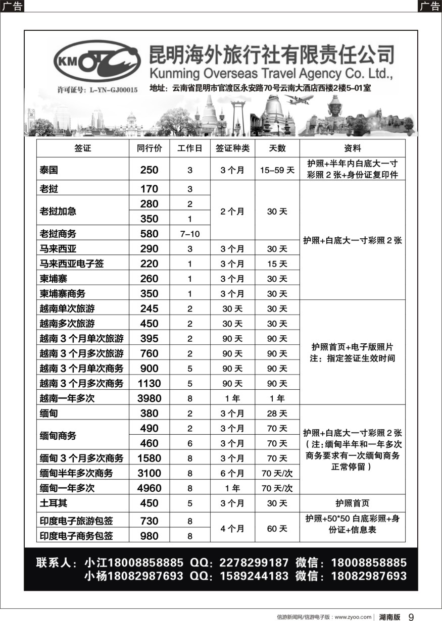 b黑009  昆明海外旅行社--签证