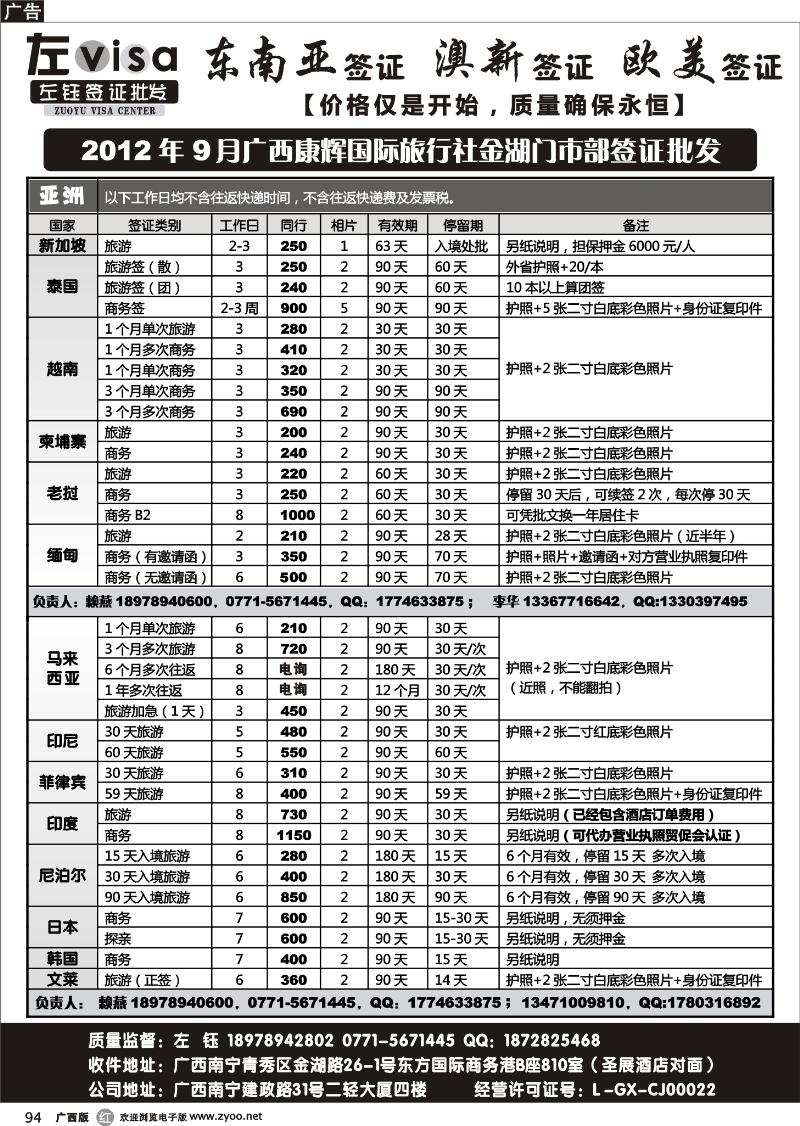 r94广西康辉国旅南宁金湖门市部签证批发