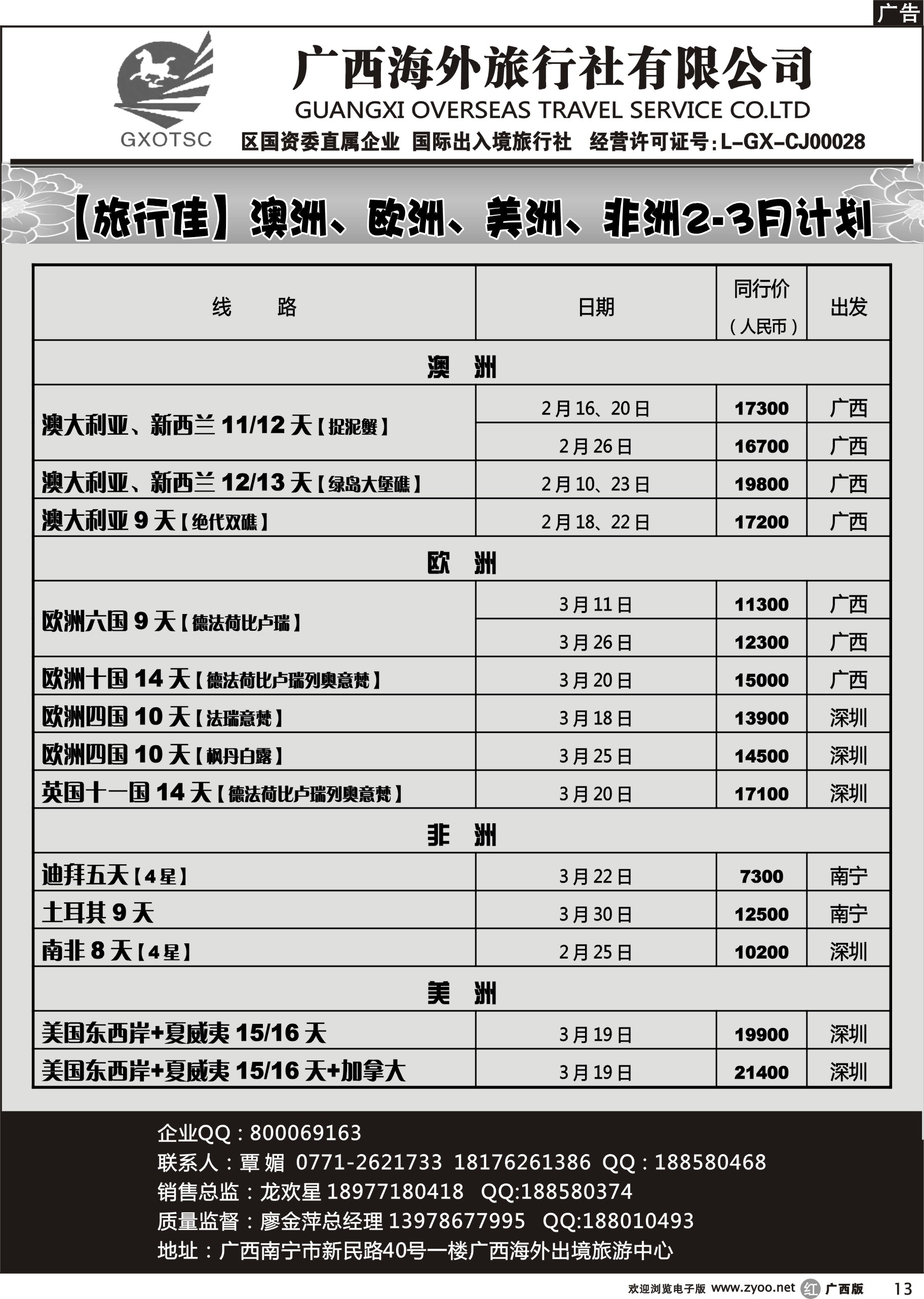 r13澳、欧、美、非洲计划