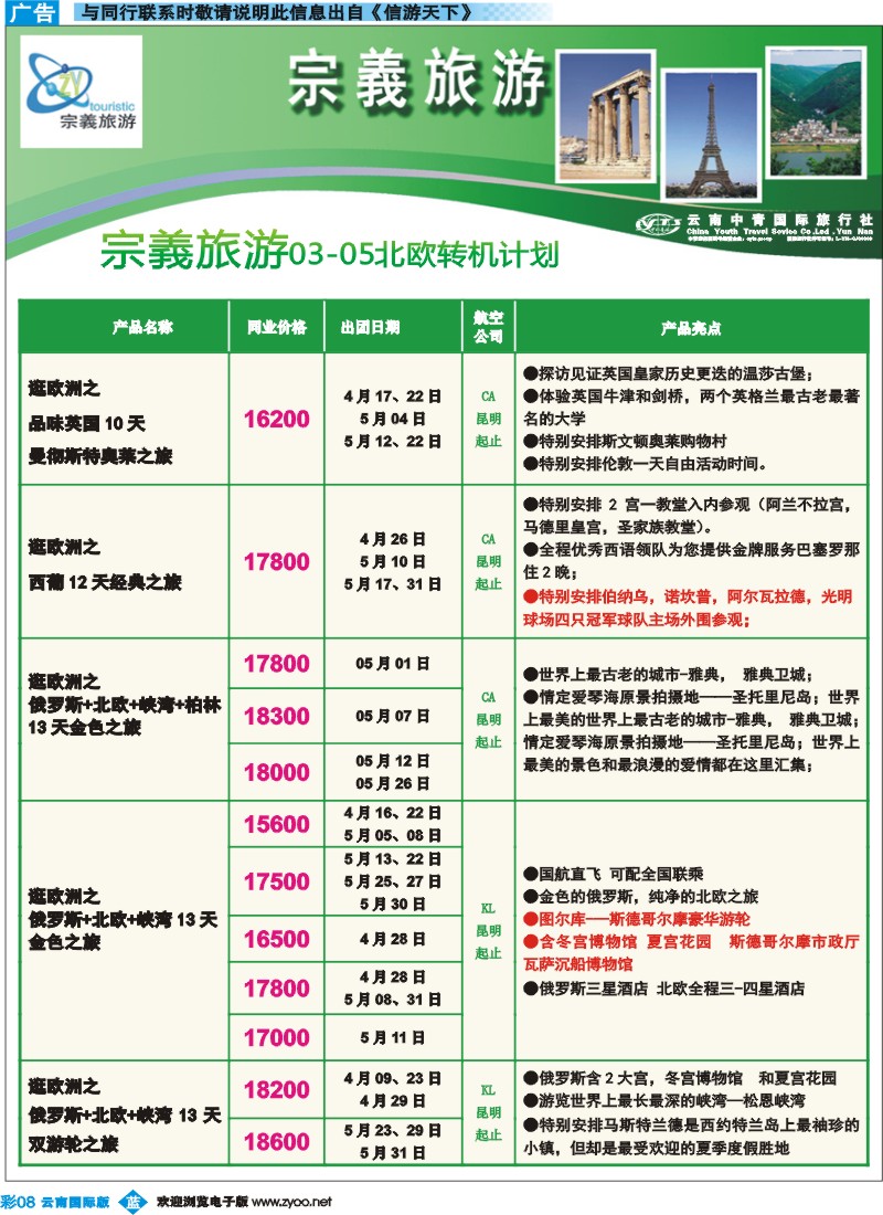 彩b008 云南中青国旅-宗義旅游-欧洲专线9彩