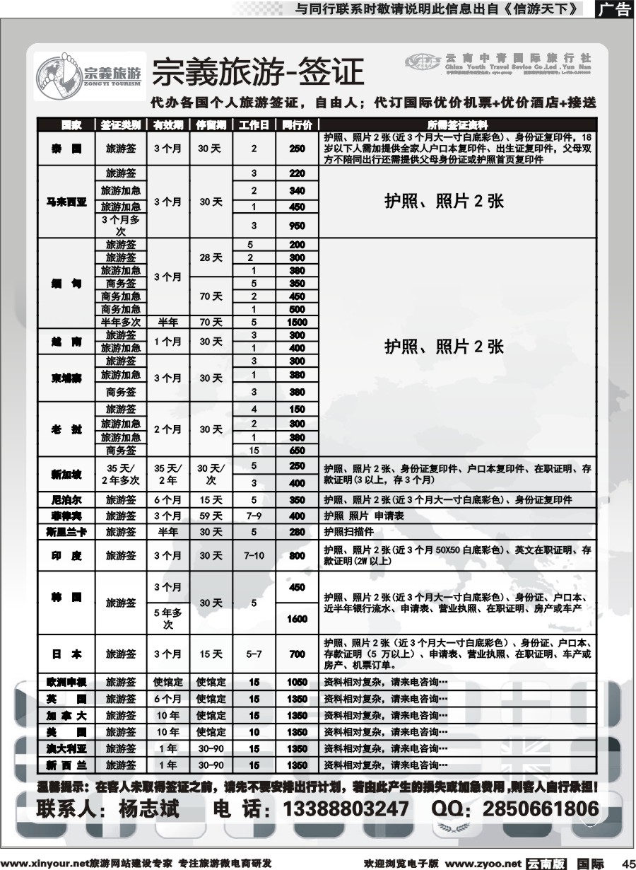 b045 云南中青国旅-宗義旅游-签证 