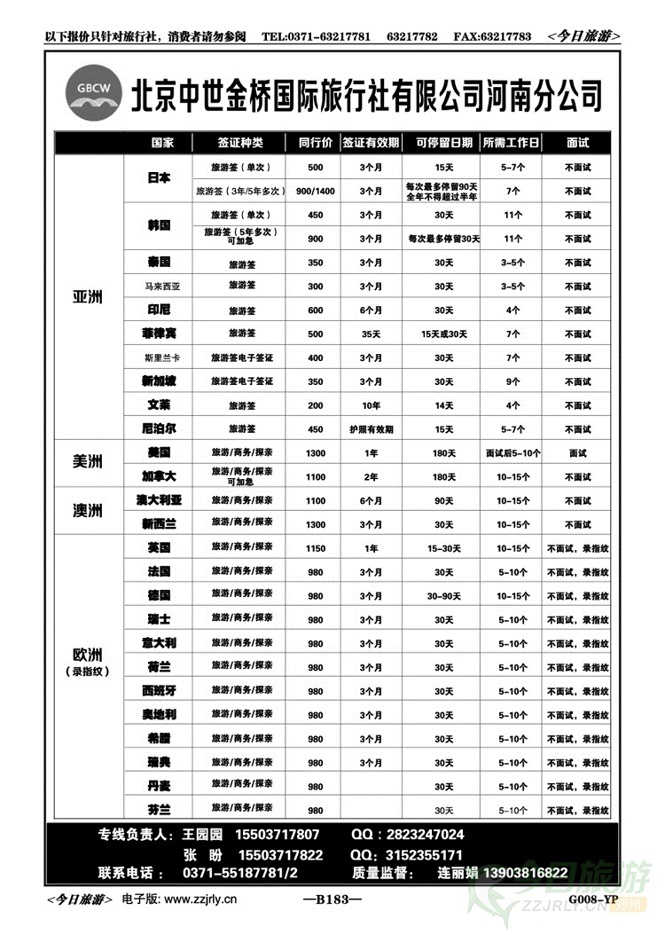 009183北京中世金桥国际旅行社河南分公司签证