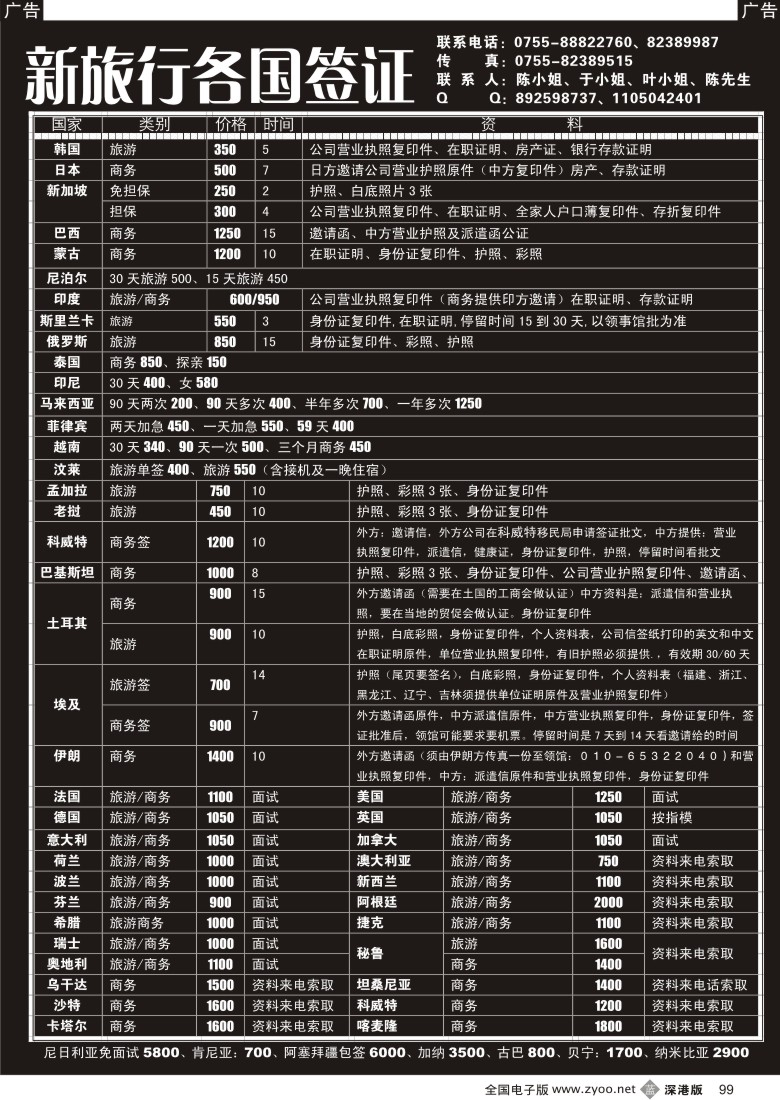 b黑099  新旅行各国签证最新报价99