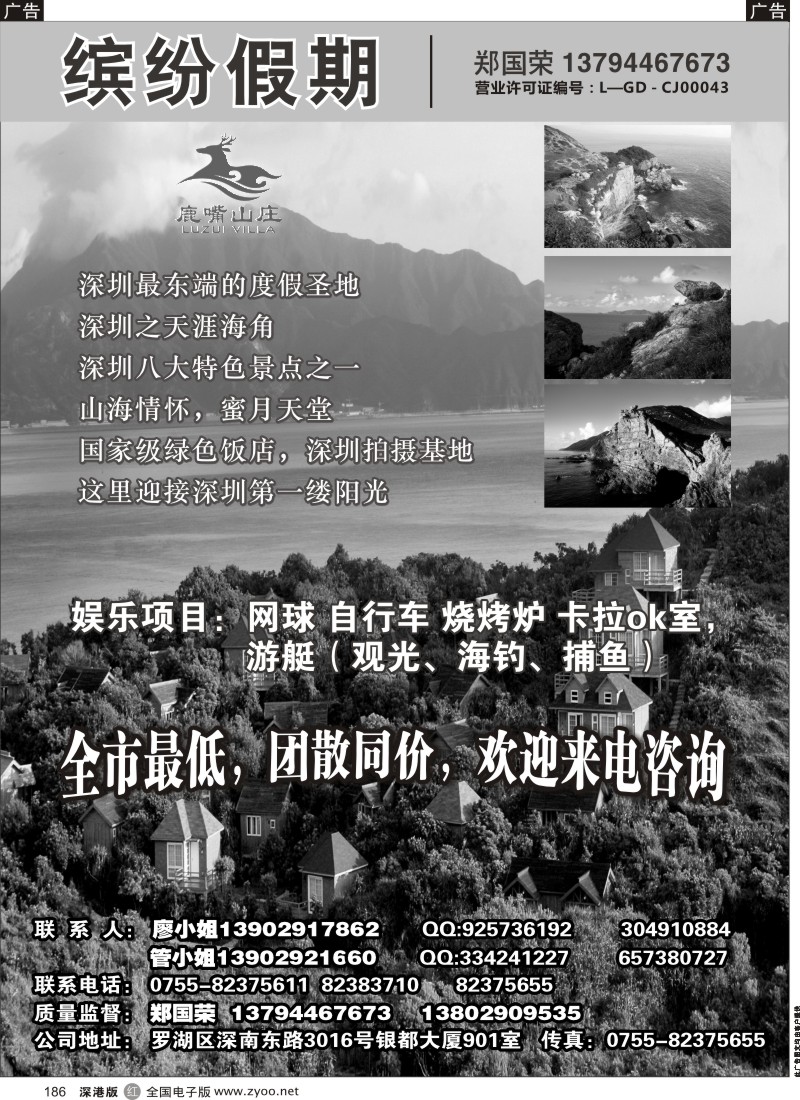 r黑186  深圳南澳鹿嘴山庄专卖（大特价）
