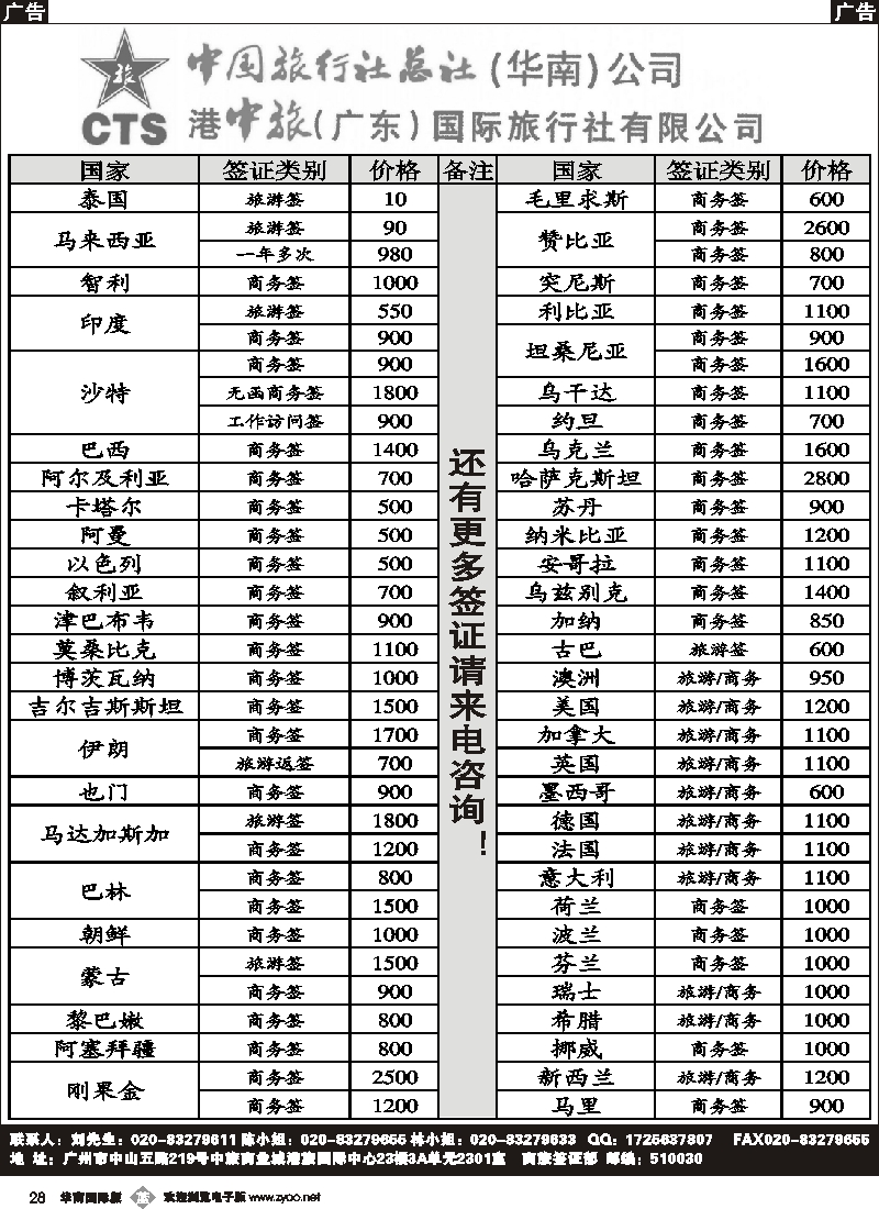 b028 港中旅（广东）国际旅行社--签证报价（华南国际版）