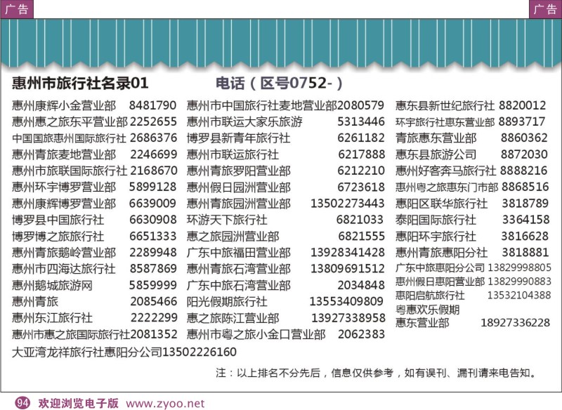 彩94  粤东八市旅行社名录