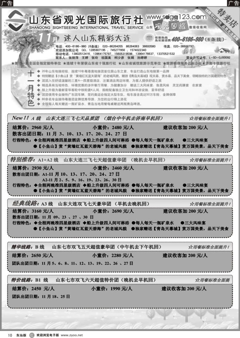 r黑10  山东省观光国际旅行社--11月份散客计划