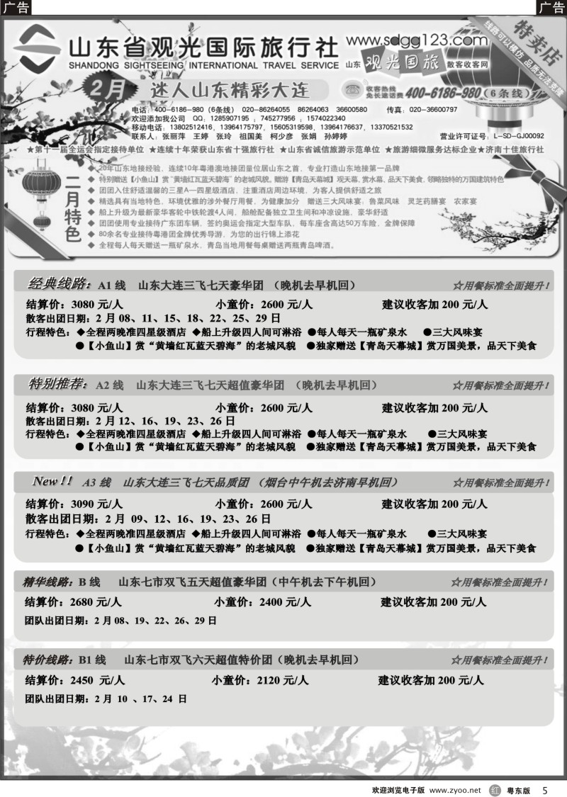 r005  山东省观光国际旅行社--2月份散客计划
