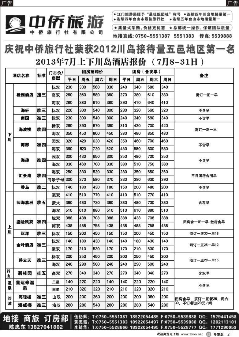 r21  台山中侨7月上下川岛酒店报价