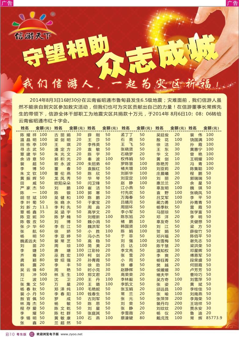 r彩10  信游天下为灾区祈福——鲁甸加油