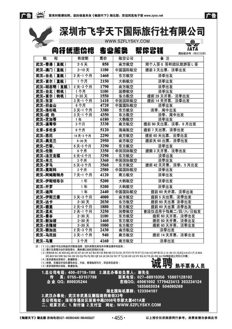 455深圳飞宇天下商务特惠国际机票