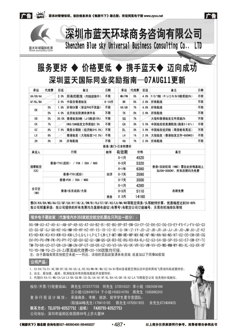 487深圳蓝天环球特价国际机票