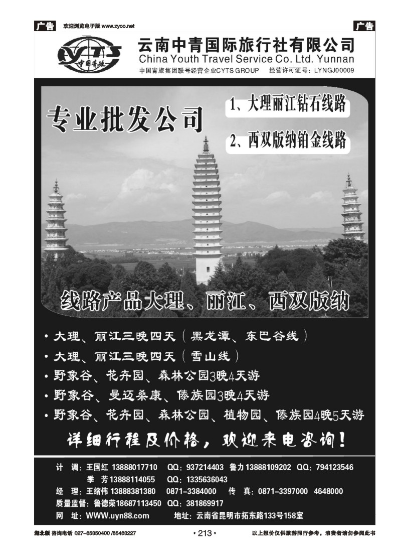 r213云南中青国际旅行社—昆大丽专线