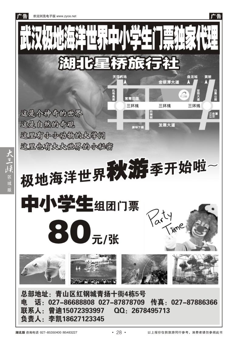 b028极地海洋世界中小学生门票独家代理—湖北星桥旅行社
